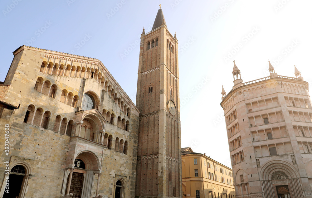Parma, Italy - Piazza Duomo square with the Cathedral with Bell Tower and Baptistery