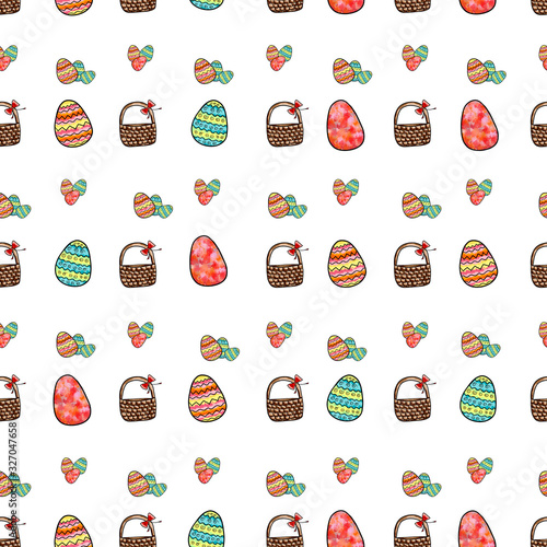 Easter eggs, basket. Seamless pattern, on a white background
