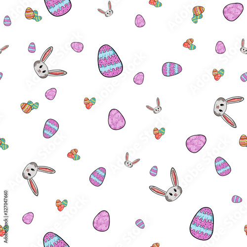 Easter eggs, rabbit. Seamless pattern, on white background