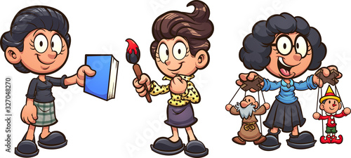 Artistic girls with different specialties. Vector cartoon clip art illustration with simple gradients. Each on a separate layer.