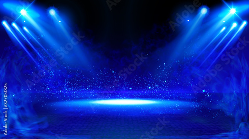 Illuminated stage with scenic lights and smoke. Blue vector spotlight with smoke volume light effect on black background. Stadium cloudiness projector. Mist show room. Vector. EPS 10