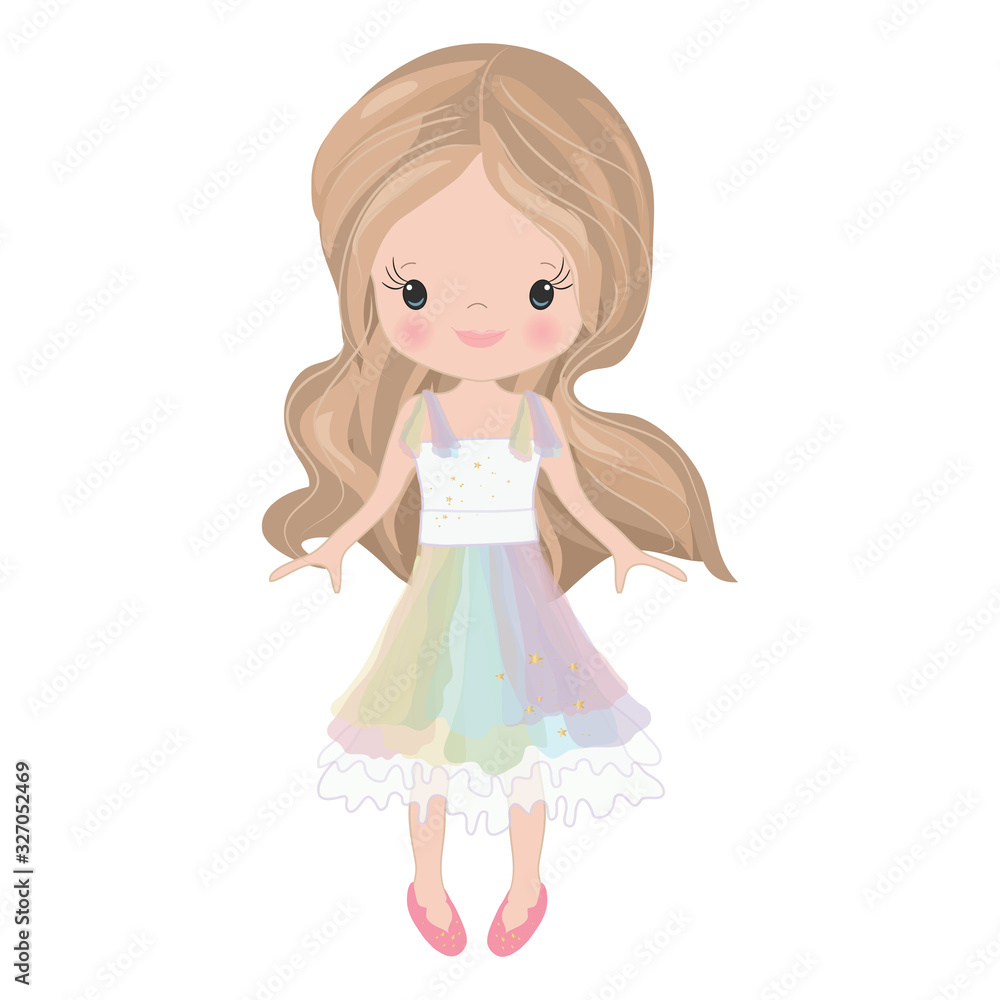 Vector Illustration Beautiful Cute Little Girl. Elegant adorable girl with long hair in a multi-colored dress. Vector Illustration Beautiful Cute Little Girl. Elegant adorable girl with long hair in a multi-colored dress.