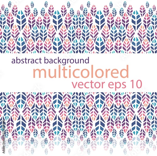 Abstract background of colorful, bright feathers on a white background.