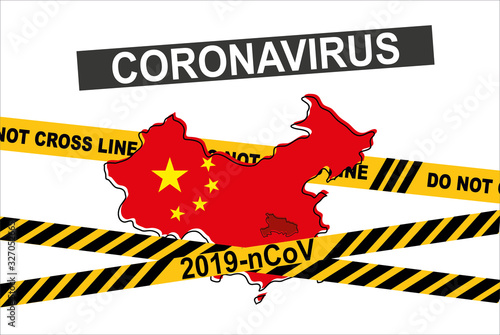 Map of China Wrapped Warning Strip. 2019-nCoV. China pathogen respiratory coronavirus 2019-nCoV. Flu spreading of world. Dangerous chinese ncov corona virus, SARS pandemic risk alert.