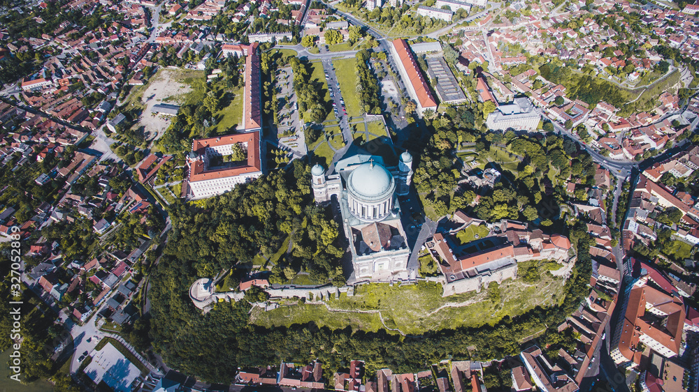 Aerial skyline view of the beautiful Basilica of Esztergom on a sunny summer morning
