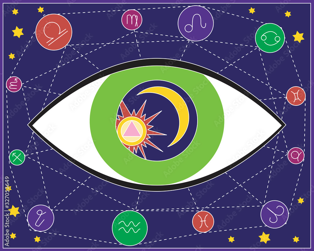 Obraz premium A testing aura and occultism with mysticism and evil eye, a vector stock illustration with moon, sun and zodiac signs on a blue background