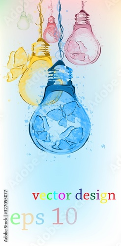 Light bulbs hanging from the ceiling with butterflies inside.