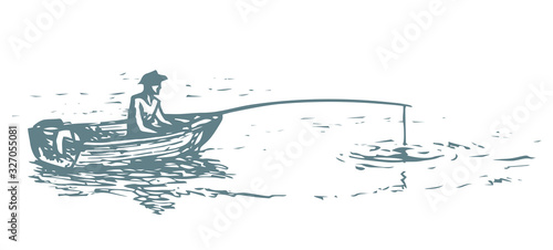 The man in the boat is fishing. Vector drawing