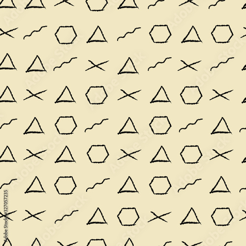 symbols, signs texture on a yellow background. Pattern print
