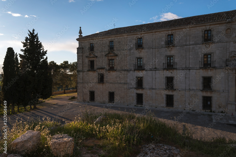A view of the facade of the Monastery of Uclés at sunset, Cuenca, Castilla La Mancha, Spain