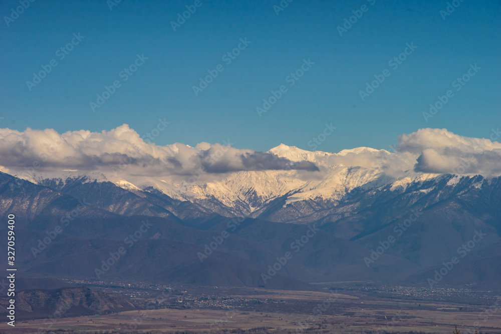 Kakheti valley and Greater Caucasus mountain in spring