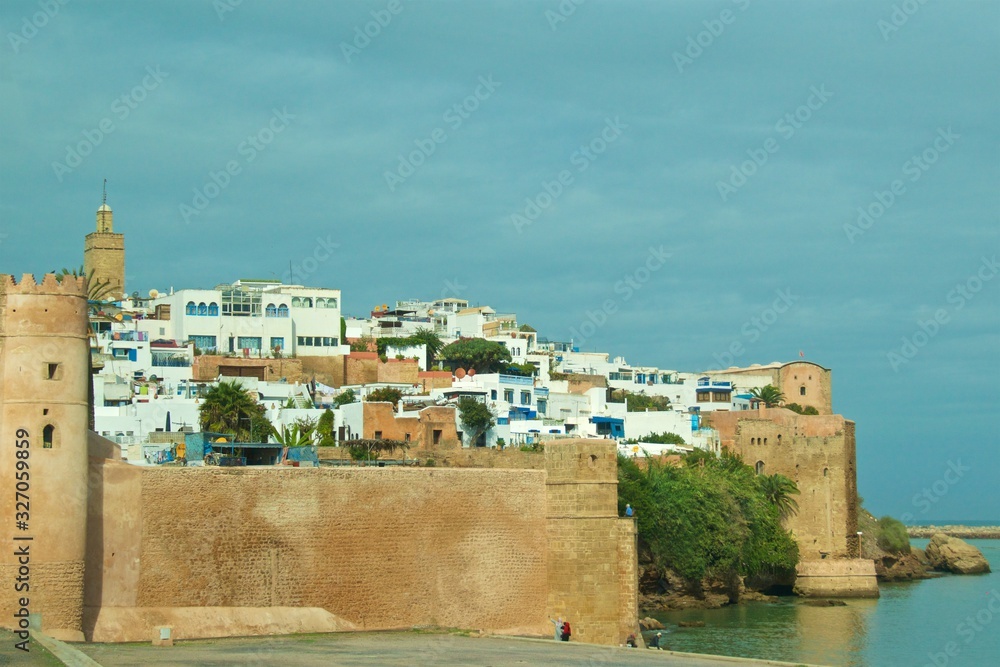 Landscape of buildings in Oudaya Kasbah next to Bouregreg River in Rabat, Morocco