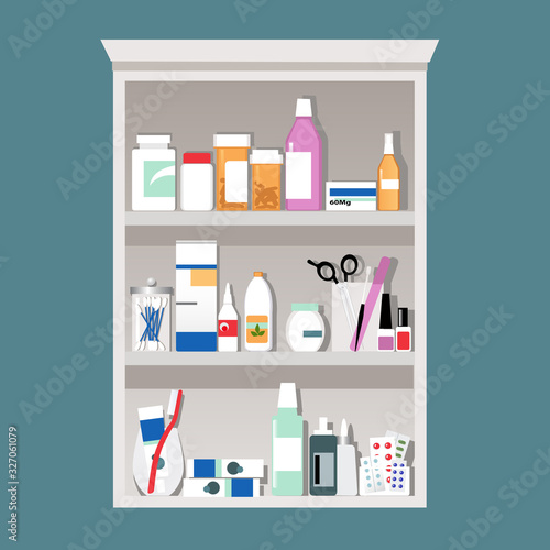 Medicine cabinet filled with pill bottle, hygiene tools and cosmetics,  EPS 8 vector illustration