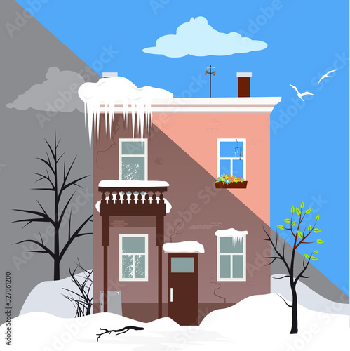 House transitioning from winter to spring through the spring cleaning, EPS 8 vector illustration
