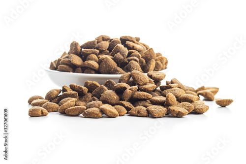 Dried kibble pet food. Heart shape dried animal food.