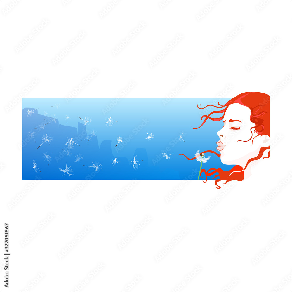 Obraz premium horizontal vector icon of a red-haired girl blowing on a dandelion against a city silhouette and blue sky, Vector clip-art isolated? eps 10, print for t-shirt, sticker