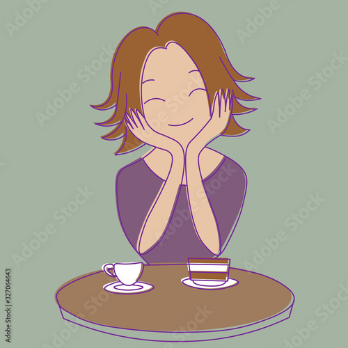 Cute cartoon girl sitting at the table with cake and cup of tea or coffee