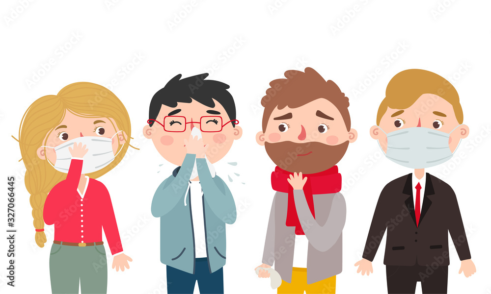 People in a protective medical masks and people with symptoms of the virus. Vector set. People in a protective medical masks and people with symptoms of the virus. Vector set.