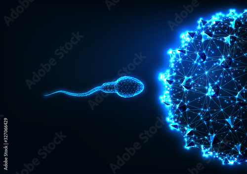 Futuristic fertilization concept with glowing low polygonal sperm and egg cells