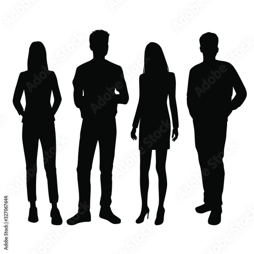 Vector silhouettes of  men and a women, a group of standing  business people, black color isolated on white background
