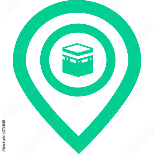 Qibla map pin . Muslim prayer direction. Kaaba direction. Mecca, Saudi Arabia. Islamic Qibla term used for the direction for offering a prayer, which is Kaaba in Mecca. Vector illustration. 