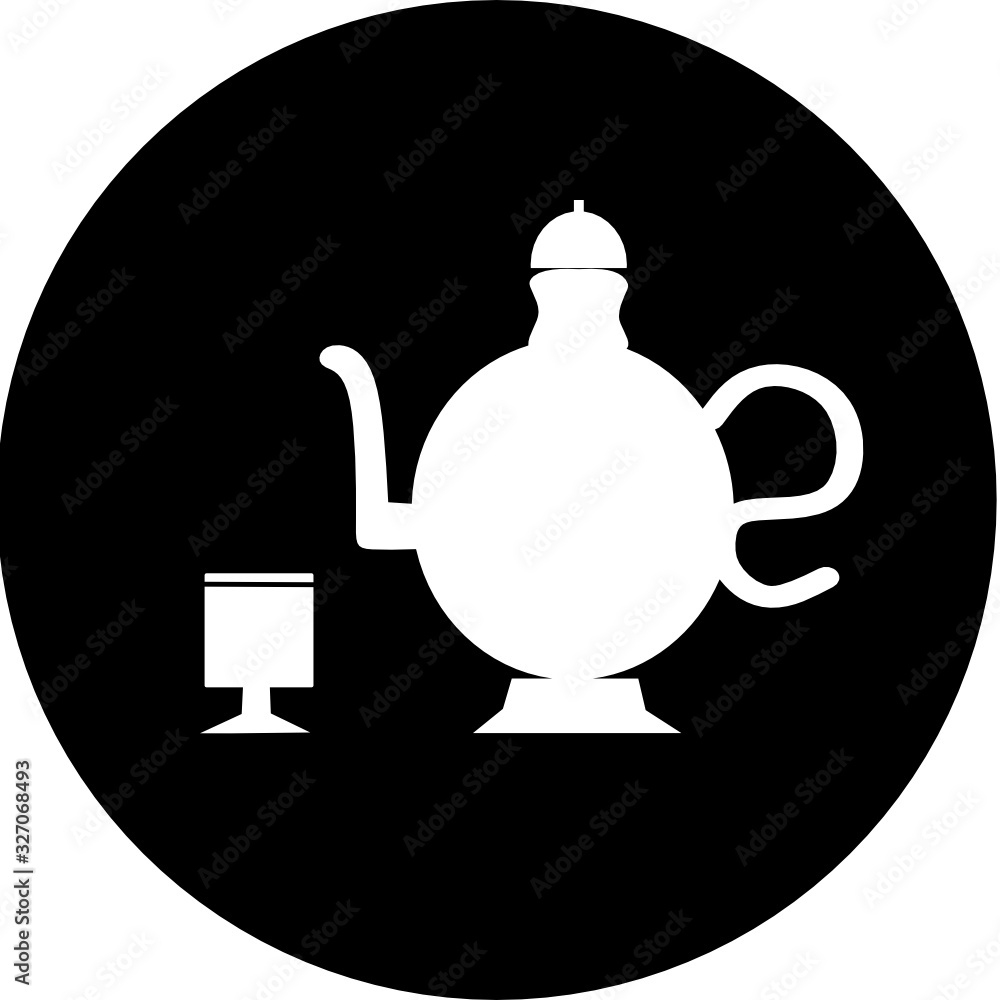 Obraz premium Traditional teapot on black circle icon. Ramadan Iftar party. Ramadan kareem in arabic freehand for Islam religious festival eid on white background.