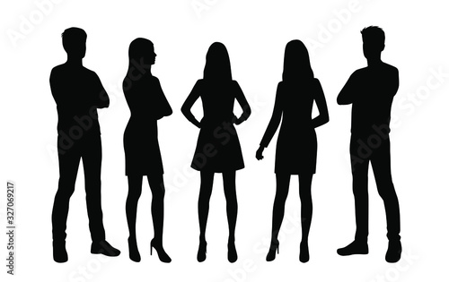Vector silhouettes of  men and a women  a group of standing  business people  black color isolated on white background