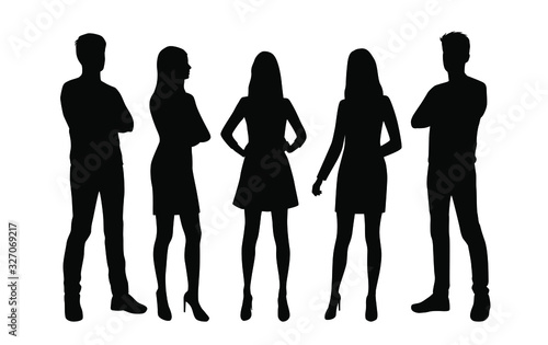 Vector silhouettes of  men and a women, a group of standing  business people, black color isolated on white background