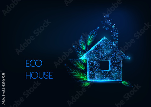 Futuristic eco house concept with glowing low polygonal residential home and green leaves