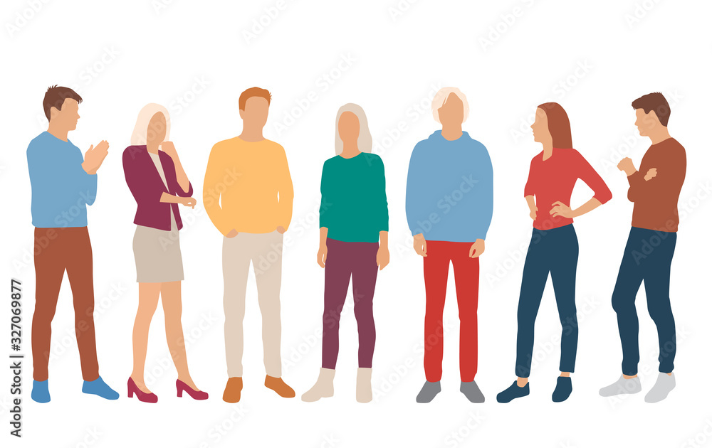 Set of men and women, different colors, cartoon character, group of silhouettes standing business people, flat icon design concept isolated on white background Set of men and women, different colors, cartoon character, group of silhouettes standing business people, flat icon design concept isolated on white background