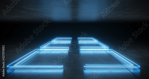 Futuristic Sci Fi Bracket Shaped Neon Classic Blue Glowing Lights With Reflections On Garage Concrete Floor And Ceiling Dark Empty Space 3D Rendering