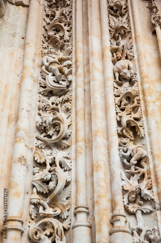 Astronaut, dragon and bull carved on the facade of the historical Salmanca Cathedral