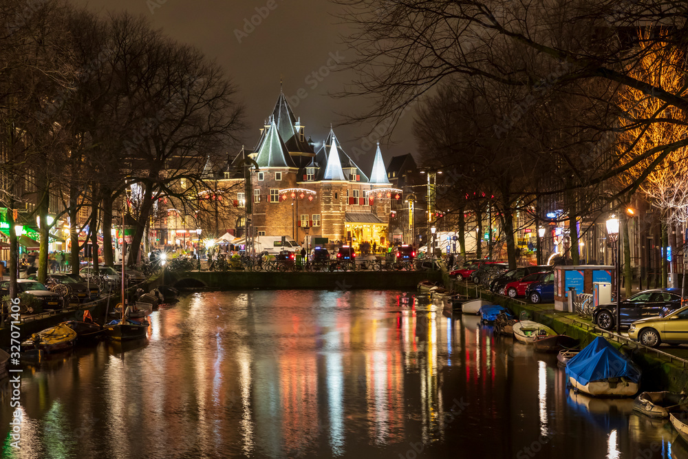 AMSTERDAM, THE NETHERLANDS - DECEMBER 28, 2015 - Medieval building De Waag in Amsterdam the Netherlands at christmas time