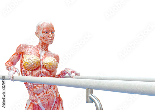 muscle woman doing a gymnastic on parralel bars in white background close up photo