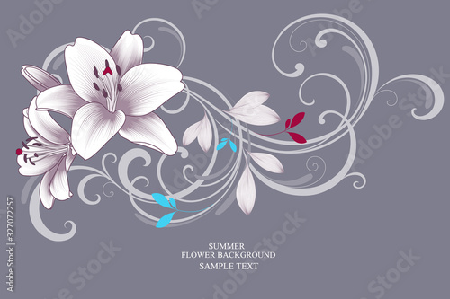 Floral abstract background frame with hand-drawn lily flowers. Element for invitations, greetings, cards.