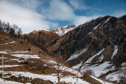 View at ancient ruins in snowy mountains photo