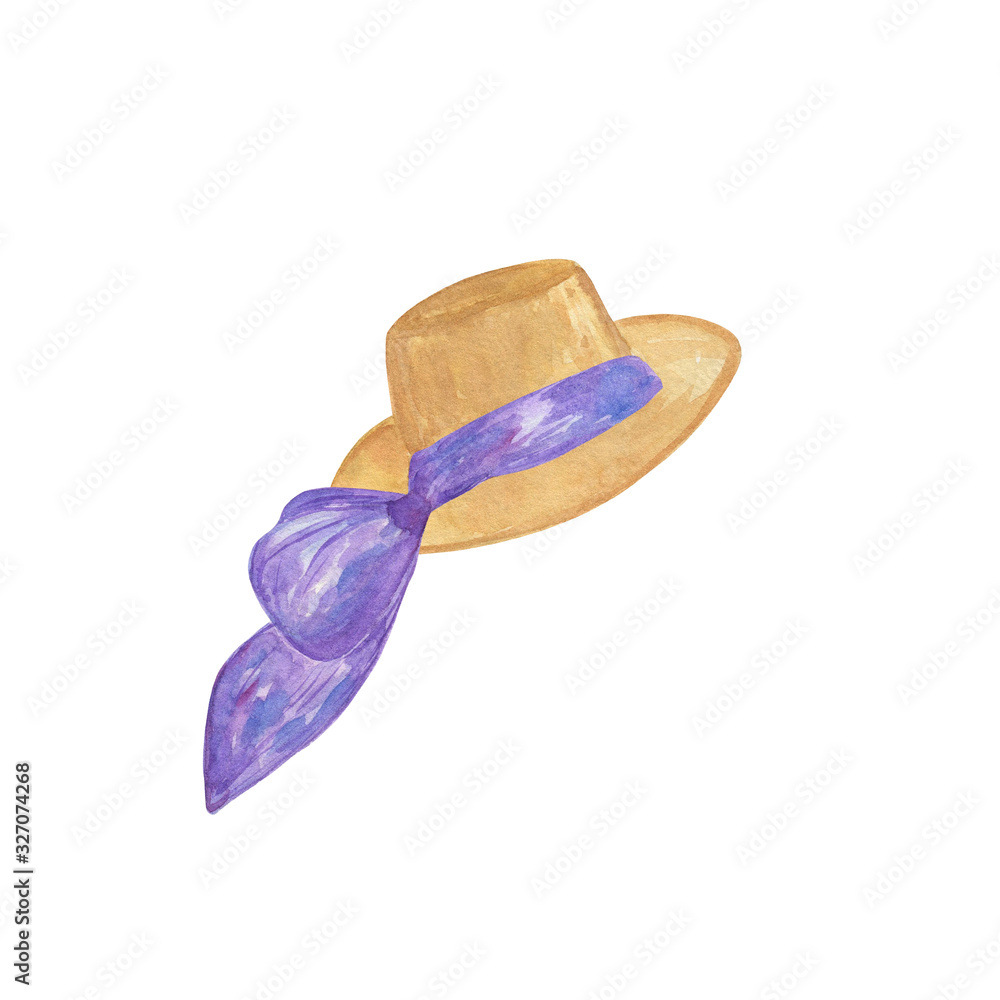 Summer protective hat with violet bow, women's beach accessory, isolated object, summer vacation and travel symbol Summer protective hat with violet bow, women's beach accessory, isolated object, summer vacation and travel symbol