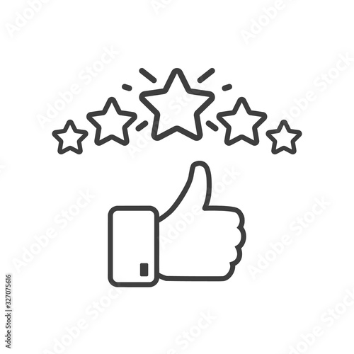 Сustomer satisfaction icon. Reputation 5 stars line icon with thumb up. Quality review with feedback template. Customer reputation concept vector illustration isolated on white background. EPS10