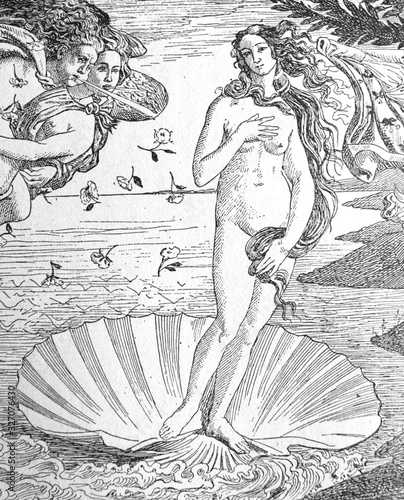 Fotografie Painting The Birth of Venus (detail) by Sandro Boticcelli in the old book La Peinture Italienne, by G