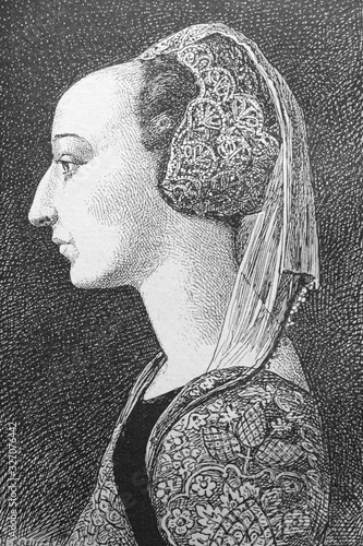 Portrait of D'Isotta da Rimini by Piero Della Francesca in the old book La Peinture Italienne, by G. Lafenestre, 1885, Paris