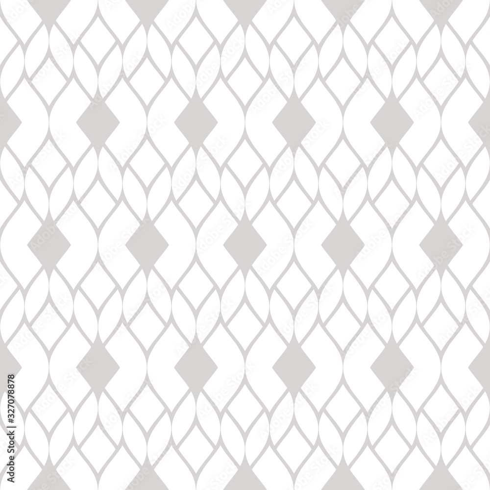 Fototapeta premium Vector geometric mesh seamless pattern. Subtle abstract ornament in gray and white colors. Texture with delicate grid, lace, net, weave, tissue, knitting. Silver ornamental background. Repeat design