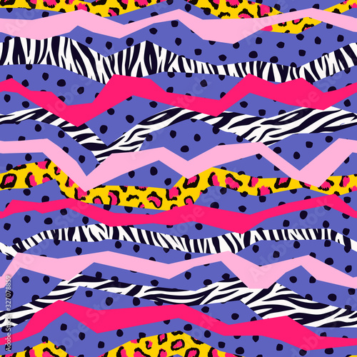 Vector zebra and leopard seamless geometric pattern design with stripes. Colorful fashion animal print