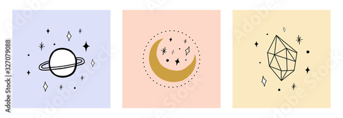 Vector collection of mystical and mysterious cards in hand drawn style. Space objects, magic ball, crystals. Minimalistic illustrations for logo, emblem, branding, social media
