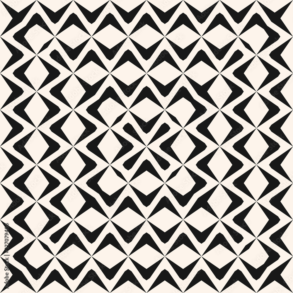 Vector ornamental seamless pattern with concentric wavy lines, curved shapes, mesh, grid, net in square form. Ethnic tribal background. Traditional folk motif ornament. Monochrome repeat texture