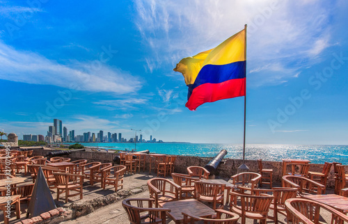 Fotografie Street cafe in colonial Cartagena Walled City (Cuidad Amurrallada) overlooking s