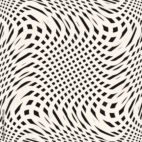 Curved grid seamless pattern. Vector black and white texture with wavy lines, squares, net, mesh, ripple surface. Dynamical 3D effect, illusion of movement. Abstract repeat monochrome background