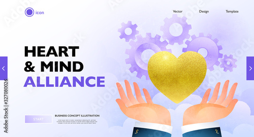 Heart and mind for business visual concept banner. The hands lift the golden heart along with the gears working simultaneously. Business vector illustration.