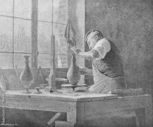 Potter makes a vase by Sauvage in the old book Catalogue Illustre, by L. Baschet, 1898, Paris photo