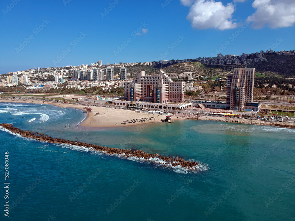 Carmel beach Haifa and the hotels areal shot from the sea 