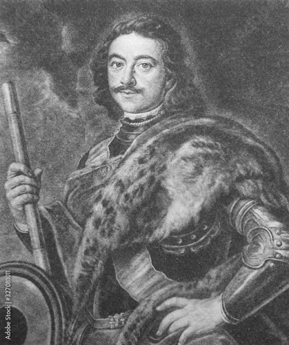 Portrait of the Russian Emperor Peter I, the Great in the old book The Engraved Portraits, vol. 3 by D. Rovinskiy, 1886, S.-Petersburg
